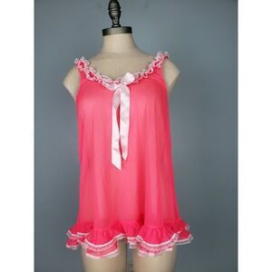 Victoria's Secret Women's‎ M Chemise Top Bright Pink Lacy Ribbon Ruffle Sheer